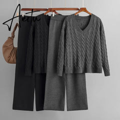 Aiertu Autumn Loose Two Pieces Sets Women Twist Striped Sweater+Wide Legs Thick Long Pant Home Wear Casual Knitted Suits Aiertu