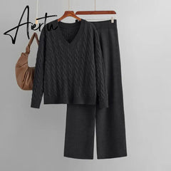 Aiertu Autumn Loose Two Pieces Sets Women Twist Striped Sweater+Wide Legs Thick Long Pant Home Wear Casual Knitted Suits Aiertu
