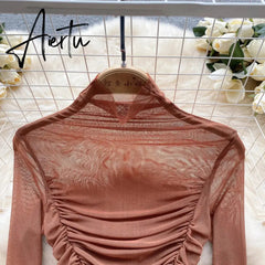 Aiertu Autumn Mesh Basic Top Women Turtleneck Long Sleeve Ruched Open Crotch Slim Playsuits Fashion Sheer Sexy Bodysuits Aiertu