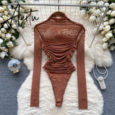 Aiertu Autumn Mesh Basic Top Women Turtleneck Long Sleeve Ruched Open Crotch Slim Playsuits Fashion Sheer Sexy Bodysuits Aiertu