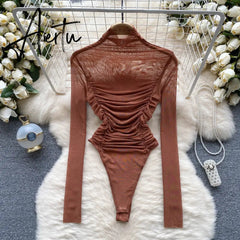 Aiertu Autumn Mesh Basic Top Women Turtleneck Long Sleeve Ruched Open Crotch Slim Playsuits Fashion Sheer Sexy Bodysuits Aiertu