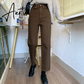 Aiertu autumn New Brown Straight Denim Vintage Slender Office Lady Jeans Women Trousers High Waist Large Size Pants Female KZ703 Aiertu