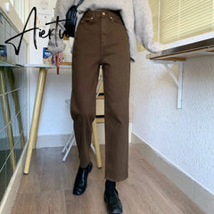 Aiertu autumn New Brown Straight Denim Vintage Slender Office Lady Jeans Women Trousers High Waist Large Size Pants Female KZ703 Aiertu