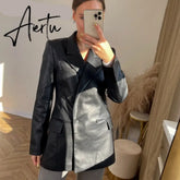 Aiertu Autumn New Leather Blazer Jacket Women Spring PU Single Button Coat Fit Waist Motorcycle Fashion Jackets Street Outwear Aiertu