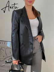 Aiertu Autumn New Leather Blazer Jacket Women Spring PU Single Button Coat Fit Waist Motorcycle Fashion Jackets Street Outwear Aiertu