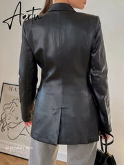 Aiertu Autumn New Leather Blazer Jacket Women Spring PU Single Button Coat Fit Waist Motorcycle Fashion Jackets Street Outwear Aiertu