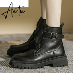 Aiertu Autumn New Round Head Punk Women's Ankle Boots Patent Leather Fashion Platform Buckle Thick Heel Women's Motorcycle Boots Aiertu