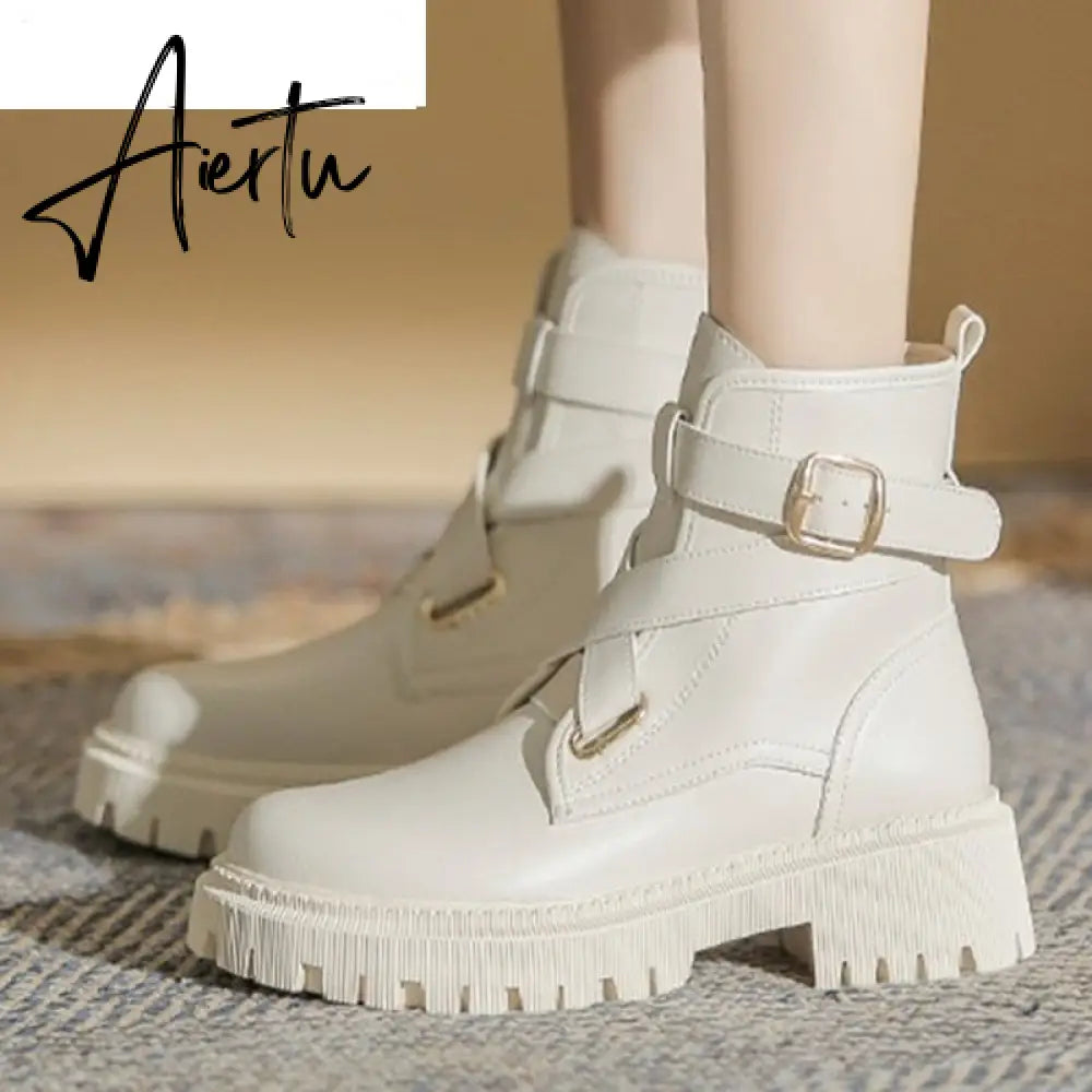 Aiertu Autumn New Round Head Punk Women's Ankle Boots Patent Leather Fashion Platform Buckle Thick Heel Women's Motorcycle Boots Aiertu