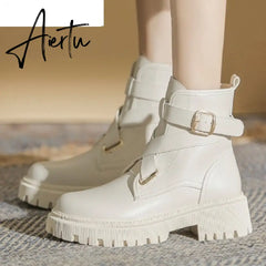 Aiertu Autumn New Round Head Punk Women's Ankle Boots Patent Leather Fashion Platform Buckle Thick Heel Women's Motorcycle Boots Aiertu