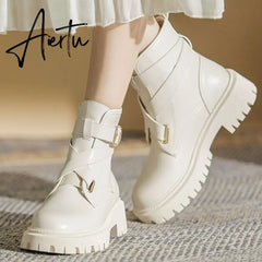 Aiertu Autumn New Round Head Punk Women's Ankle Boots Patent Leather Fashion Platform Buckle Thick Heel Women's Motorcycle Boots Aiertu