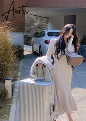 Aiertu Autumn New Women Midi Drawstring Dress Winter Casual Slim Fashion Elegant Party Boydcon Female Clothing Dress Women Aiertu