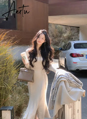 Aiertu Autumn New Women Midi Drawstring Dress Winter Casual Slim Fashion Elegant Party Boydcon Female Clothing Dress Women Aiertu