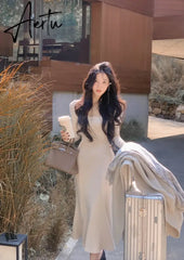 Aiertu Autumn New Women Midi Drawstring Dress Winter Casual Slim Fashion Elegant Party Boydcon Female Clothing Dress Women Aiertu