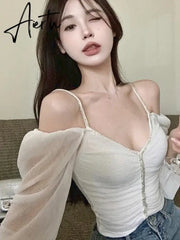 Aiertu Autumn Pink Sexy Elegant Blouse Women Ruffled Backless Korean Designer Tops Female Puff Sleeve Fashion Casual Blouse 2023 New Aiertu