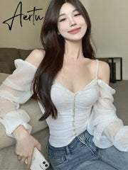 Aiertu Autumn Pink Sexy Elegant Blouse Women Ruffled Backless Korean Designer Tops Female Puff Sleeve Fashion Casual Blouse 2023 New Aiertu