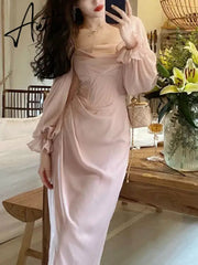 Aiertu Autumn Solid Elegant Fairy Dresses Women Casual Party Fashion Korean One Piece Dress Female Lace Vintage Chic Midi Dresses Aiertu