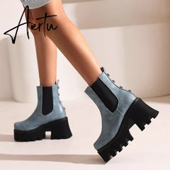 Aiertu Autumn White Ladies Short Booties Faux Suede Side Zipper Chunky Heel Ankle Boots Platform Solid Black Winter Women Casual Shoes Aiertu