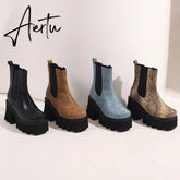 Aiertu Autumn White Ladies Short Booties Faux Suede Side Zipper Chunky Heel Ankle Boots Platform Solid Black Winter Women Casual Shoes Aiertu