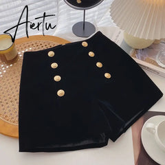 Aiertu Autumn Winter High Waist Velvet Wide Leg Shorts Women Chic Double Breasted Short Pants Fashion Sexy Bottoms Casual Ropa Mujer Aiertu