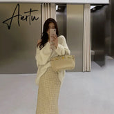 Aiertu Autumn Winter Small Fragrance Wind Tweed Skirt Women Fashion High Waist Ladies Business Skirts Woman Korean One Step Skirt Aiertu