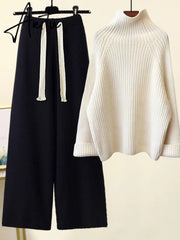 Aiertu Autumn Winter Warm Knitted Suit Women Long Sleeve Half Turtleneck Knitting Sweater And Wide Leg Pants Sets Outer Wear Loose Set Aiertu