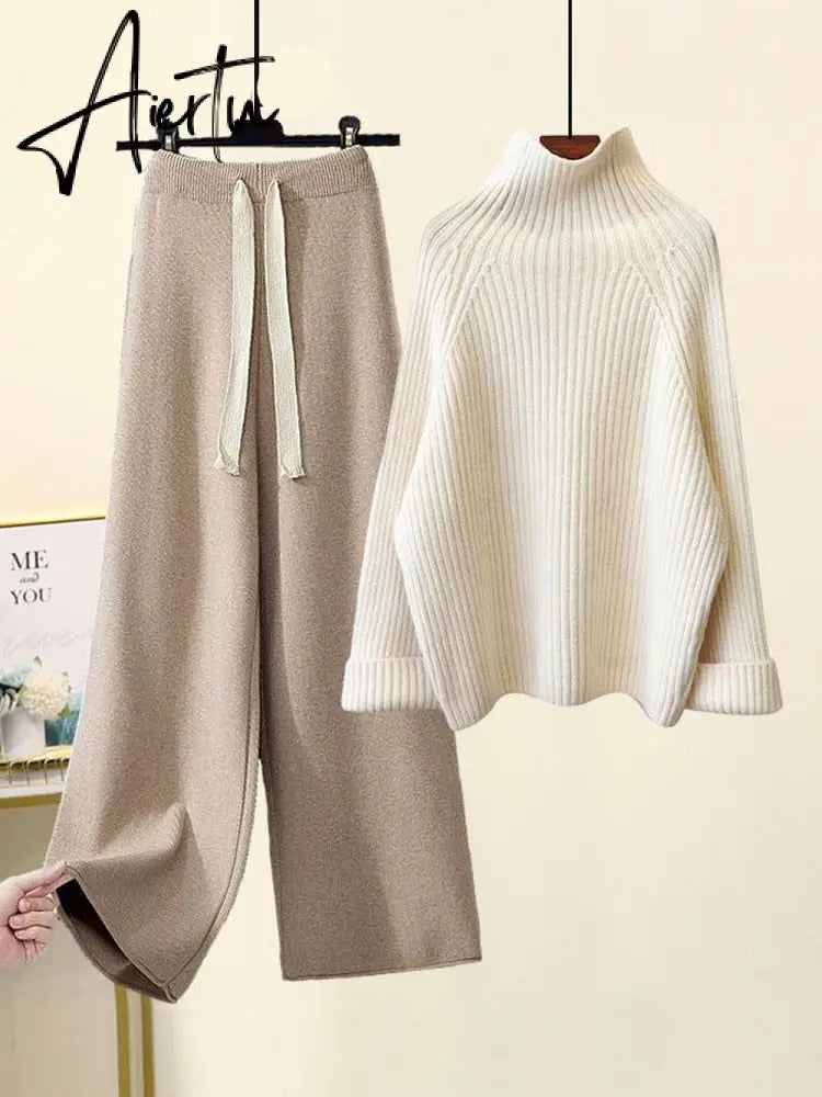 Aiertu Autumn Winter Warm Knitted Suit Women Long Sleeve Half Turtleneck Knitting Sweater And Wide Leg Pants Sets Outer Wear Loose Set Aiertu