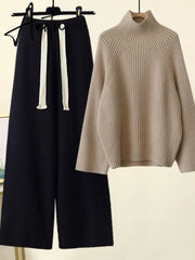 Aiertu Autumn Winter Warm Knitted Suit Women Long Sleeve Half Turtleneck Knitting Sweater And Wide Leg Pants Sets Outer Wear Loose Set Aiertu