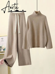 Aiertu Autumn Winter Warm Knitted Suit Women Long Sleeve Half Turtleneck Knitting Sweater And Wide Leg Pants Sets Outer Wear Loose Set Aiertu