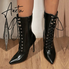 Aiertu Autumn Winter Women Ankle Boots Sexy Pointed Toe Pole Dance High Heels Pumps Fashion Zip Lace-Up Chelsea Shoes Female Size 35-43 Aiertu