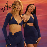 Aiertu Autumn Winter Women Hollow Out Patchwork Long Sleeve Midi Dress Revealing Neck Bodycon Sexy Casual Streetwear Y2K Aiertu