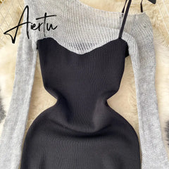 Aiertu Autumn Women Knitted Midi Dress Splice Irregular Diagonal Collar Lace Up Design New Fashion Elegant High Quality Dress Aiertu