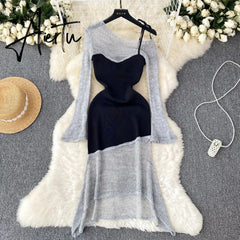 Aiertu Autumn Women Knitted Midi Dress Splice Irregular Diagonal Collar Lace Up Design New Fashion Elegant High Quality Dress Aiertu