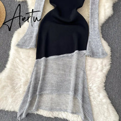 Aiertu Autumn Women Knitted Midi Dress Splice Irregular Diagonal Collar Lace Up Design New Fashion Elegant High Quality Dress Aiertu