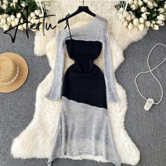 Aiertu Autumn Women Knitted Midi Dress Splice Irregular Diagonal Collar Lace Up Design New Fashion Elegant High Quality Dress Aiertu