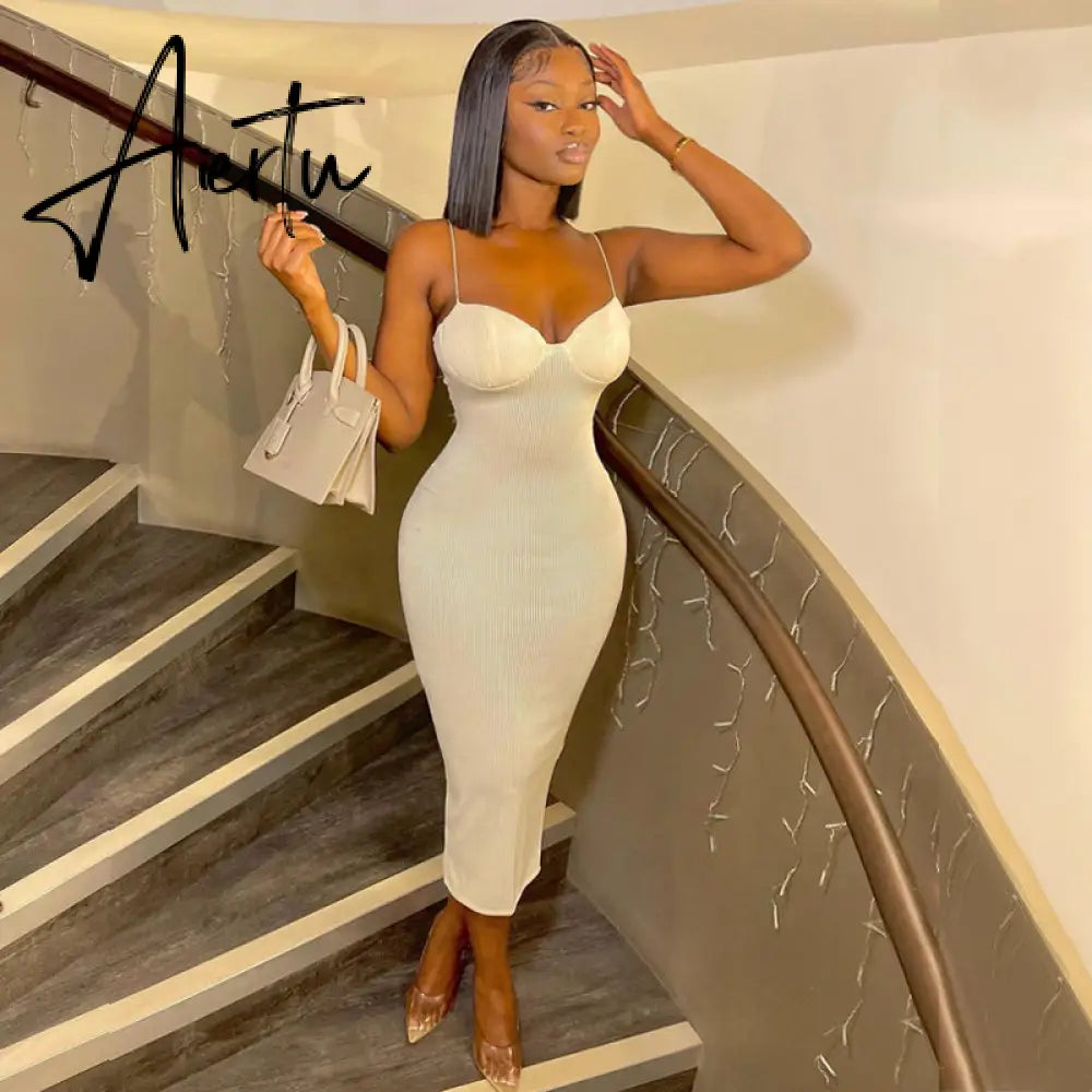 Aiertu Backless Solid Sleeveless Revealing Midi Strips Dress Spring Bodycon Sexy Streetwear Party Club Outfits Y2K Aiertu