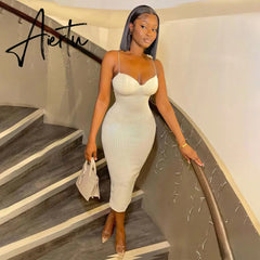 Aiertu Backless Solid Sleeveless Revealing Midi Strips Dress Spring Bodycon Sexy Streetwear Party Club Outfits Y2K Aiertu