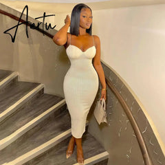 Aiertu Backless Solid Sleeveless Revealing Midi Strips Dress Spring Bodycon Sexy Streetwear Party Club Outfits Y2K Aiertu