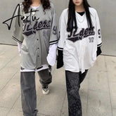 AIERTU Baseball Shirt Women and Men Hippe Vintage Oversize Hip Hop Streetwear Korean Style Short Half Sleeve Button Up Blouse Aiertu