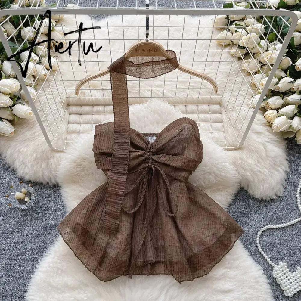 Aiertu Beach Style Chiffon Tube Top Halter Ribbons Drawstring Lace Up Bow Off Shoulder Backless Fashion Streetwear Sexy Vest Aiertu