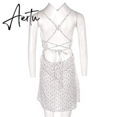 Aiertu Beach Sundress Women Sling Straps Backless Cross Short Mini Dress Ruched Summer Sexy Little Flowers Printed Casual Vestidos Aiertu