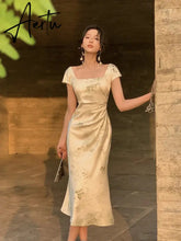 Aiertu Beige Satin Women's Dress French Fashion Elegant Lady Dress Square Neck Waist Backless Hip Green Mid Length Dresses Women Aiertu