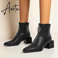 Aiertu Big Size 34-48 Ankle Boots Women Silver Black Front Zipper Short Boots Ladies Thick Chunky Medium Heel Biker Boot Shoes Aiertu
