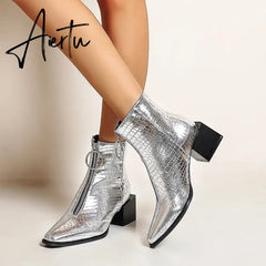 Aiertu Big Size 34-48 Ankle Boots Women Silver Black Front Zipper Short Boots Ladies Thick Chunky Medium Heel Biker Boot Shoes Aiertu