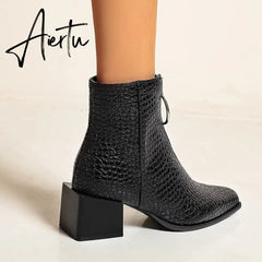 Aiertu Big Size 34-48 Ankle Boots Women Silver Black Front Zipper Short Boots Ladies Thick Chunky Medium Heel Biker Boot Shoes Aiertu
