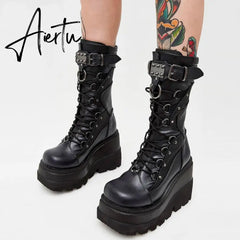 Aiertu Big Size 35-43 Brand Design Ladies High Platform Boots Fashion Rivet Goth High Heels Boots Women Cosplay Wedges Punk Shoes Woman Aiertu