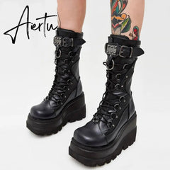 Aiertu Big Size 35-43 Brand Design Ladies High Platform Boots Fashion Rivet Goth High Heels Boots Women Cosplay Wedges Punk Shoes Woman Aiertu