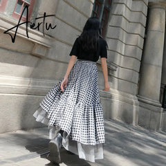 Aiertu Black and white plaid tulle skirt women irregular layered skirts summer fashion Korean women's clothing Aiertu