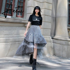 Aiertu Black and white plaid tulle skirt women irregular layered skirts summer fashion Korean women's clothing Aiertu