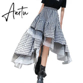 Aiertu Black and white plaid tulle skirt women irregular layered skirts summer fashion Korean women's clothing Aiertu