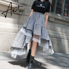 Aiertu Black and white plaid tulle skirt women irregular layered skirts summer fashion Korean women's clothing Aiertu